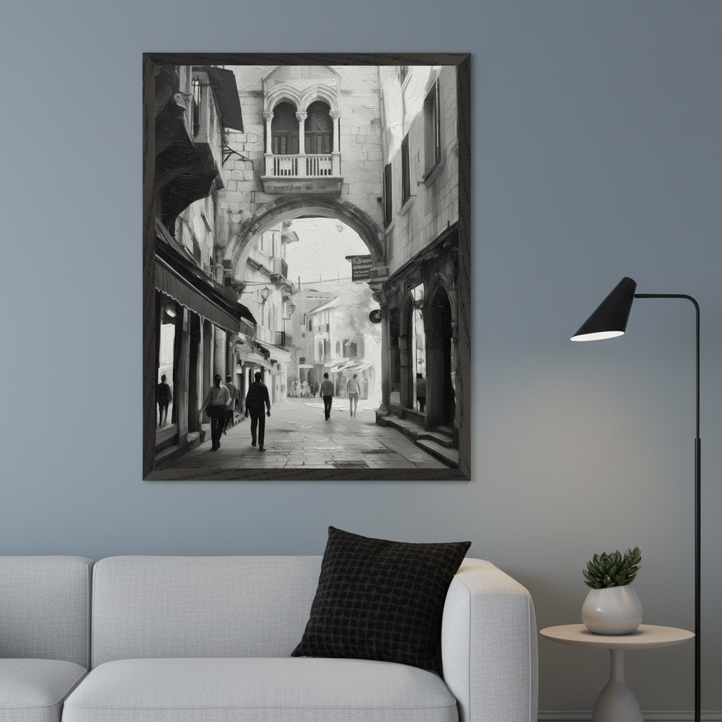 Modern living room with a white sectional sofa. A large framed black and white painting depicting an old European street scene with an archway and people walking hangs on the blue wall above the sofa. A black floor lamp and a side table with a plant are to the right.
