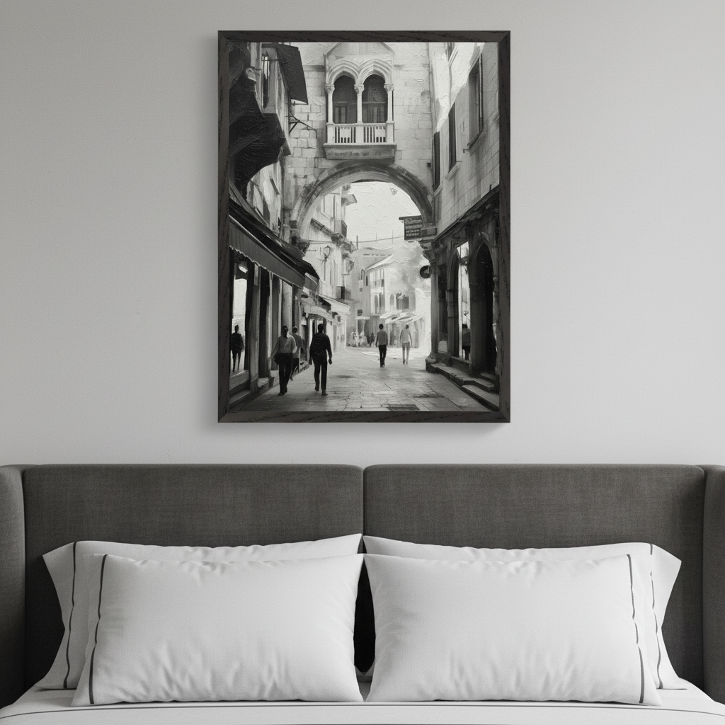 Modern bedroom with a gray upholstered bed. A framed black and white painting of a European street scene with an archway and people walking hangs centered above the bed.