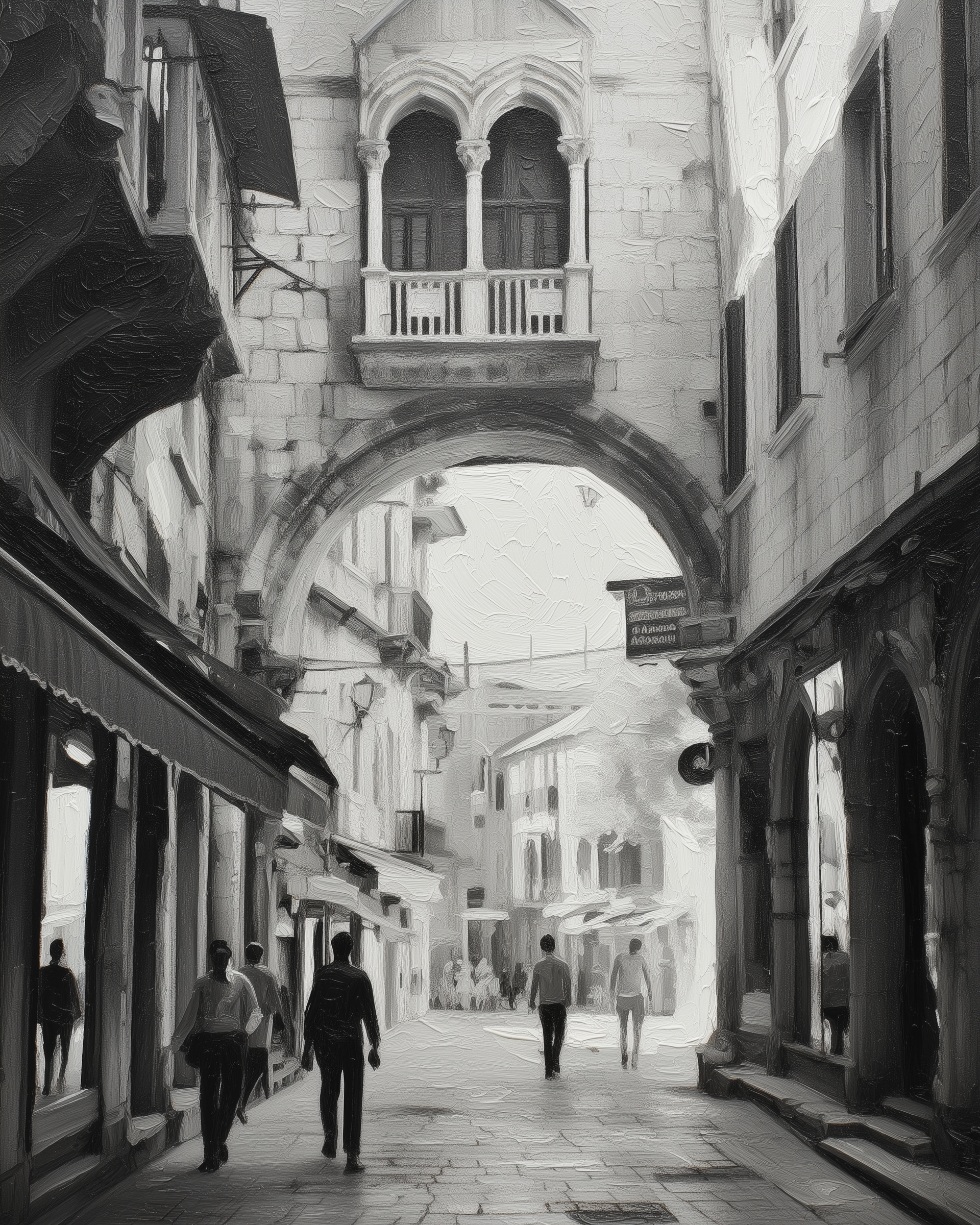 Monochrome painting of a European-style street with an arched bridge connecting historic buildings and people strolling below.
