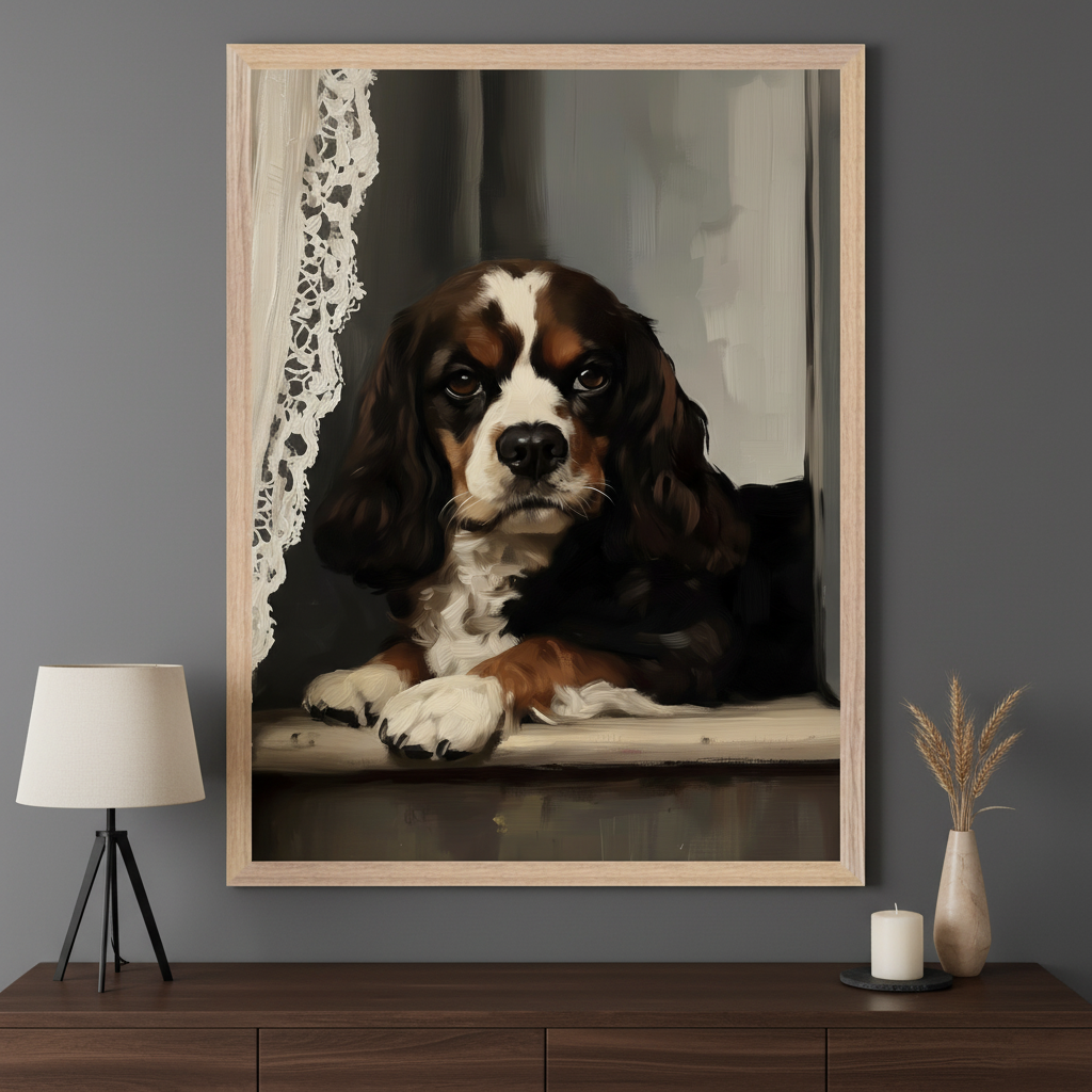 Modern living room with a dark gray wall and a brown credenza. A large framed oil painting of a tri-color Cavalier King Charles Spaniel looking out a window with a lace curtain hangs above the credenza. A lamp, vase, and candle are on the credenza.