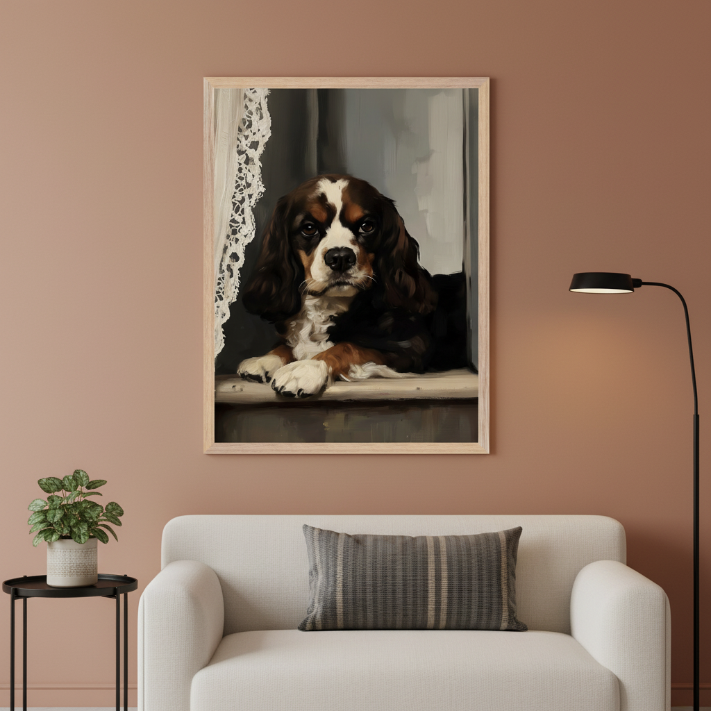 Modern living room with a white sofa and striped cushion. A framed painting of a tricolor Cavalier King Charles Spaniel resting on a windowsill hangs centered above the sofa. A side table with a plant and a floor lamp are also present.