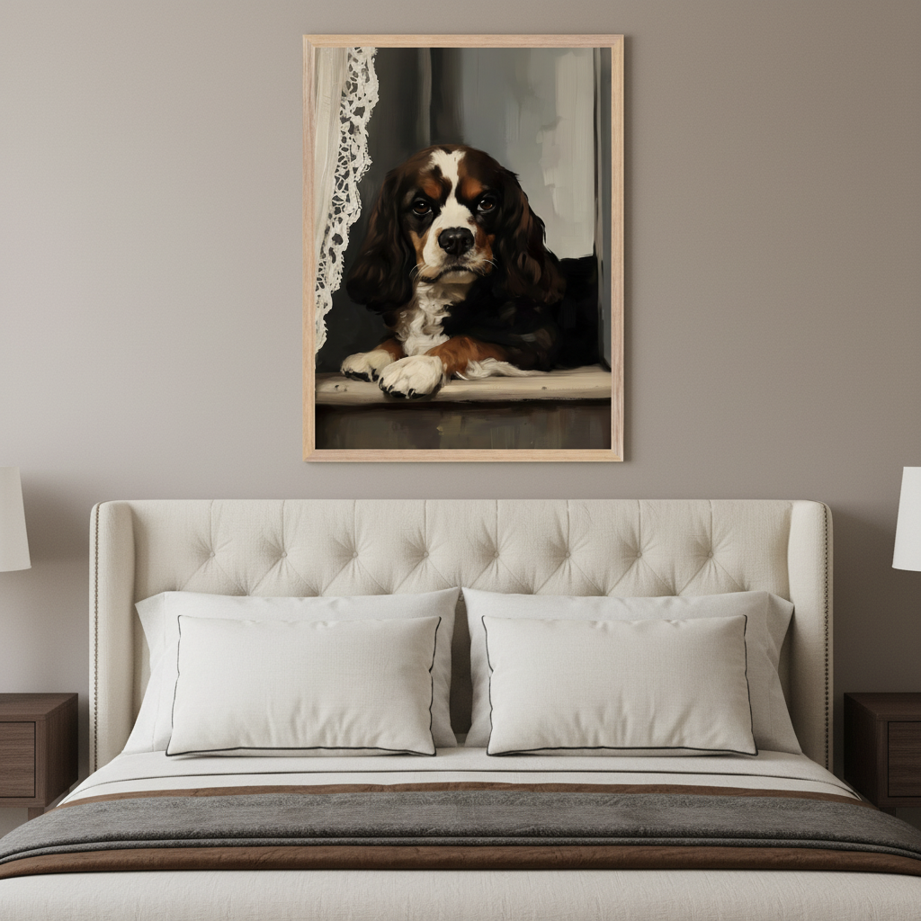 Bedroom with a cream tufted bed. A framed painting of a tricolor Cavalier King Charles Spaniel lying on a windowsill hangs on the wall above the bed, right of center.
