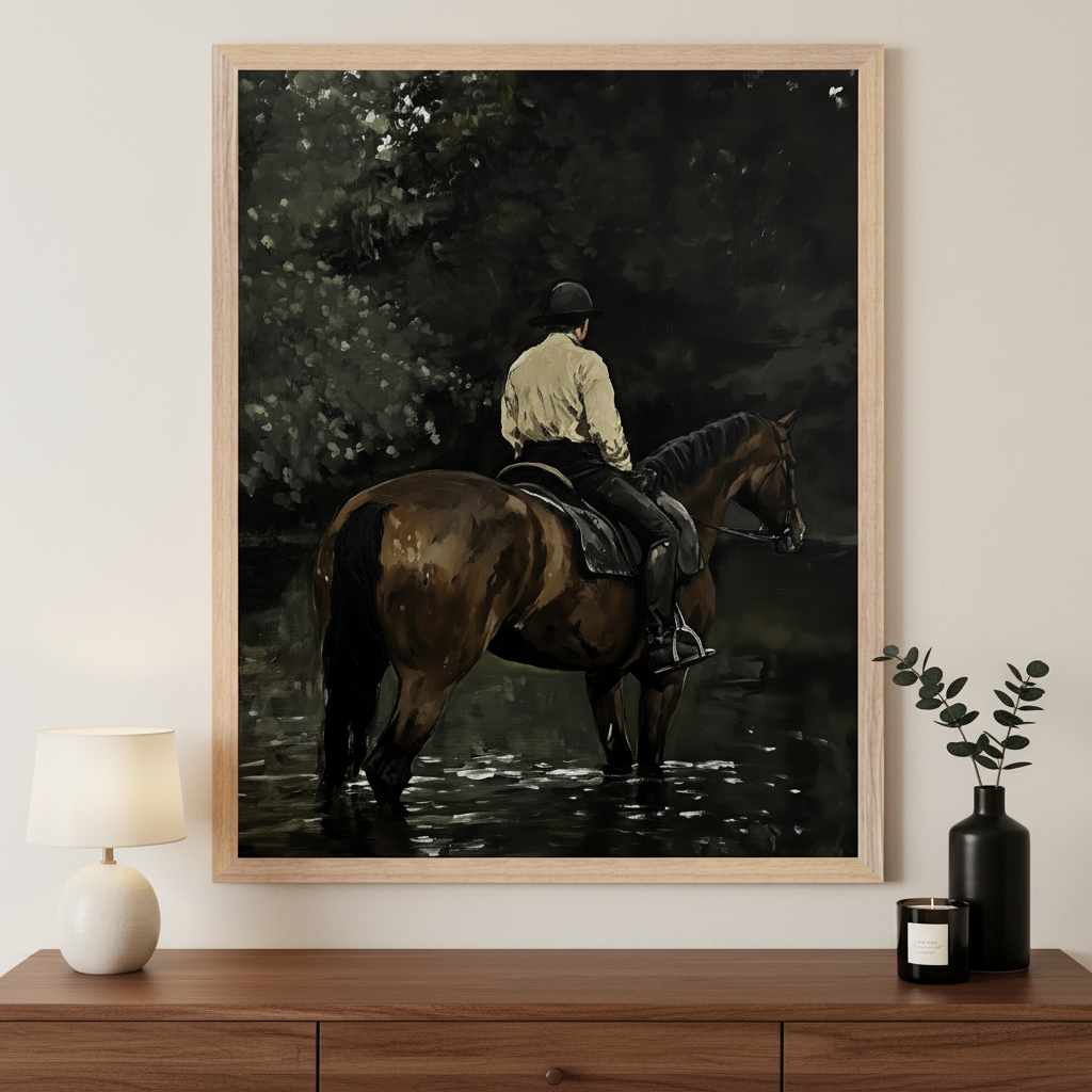 Modern room with a dark wood dresser. A large light wood framed oil painting hangs above, showing a rider on a brown horse wading in dark water amidst dark foliage, viewed from behind.