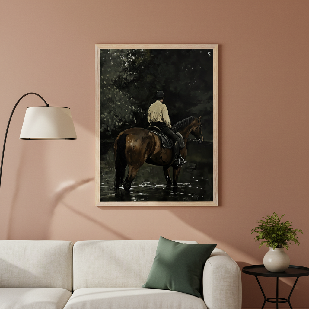 Modern living room with a white modular sofa. A large framed painting of a person on a brown horse, seen from behind, standing in dark water with foliage, hangs centered above the sofa. A floor lamp is on the left, and a small side table with a plant is on the right.