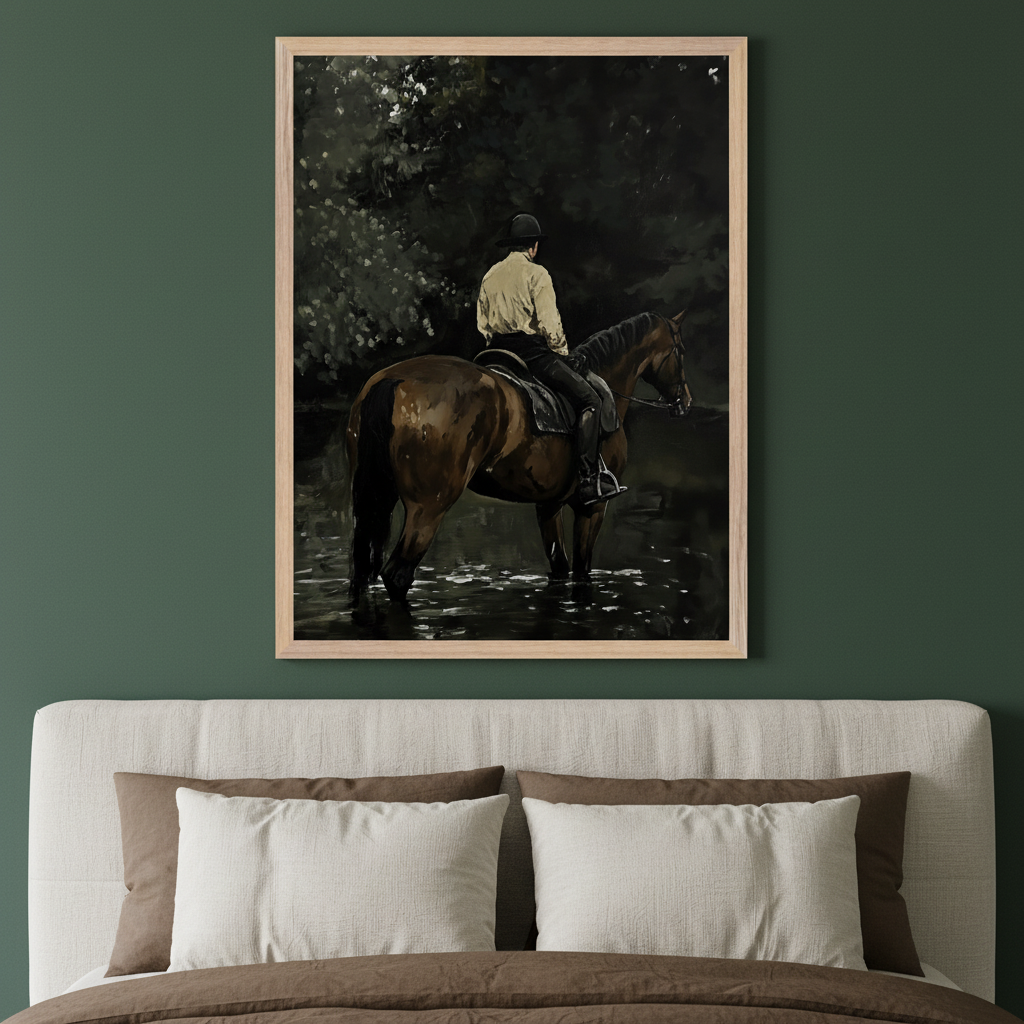 Bedroom with a beige upholstered bed. A large framed painting of a person on a horse standing in shallow water, seen from behind, hangs centered above the bed.