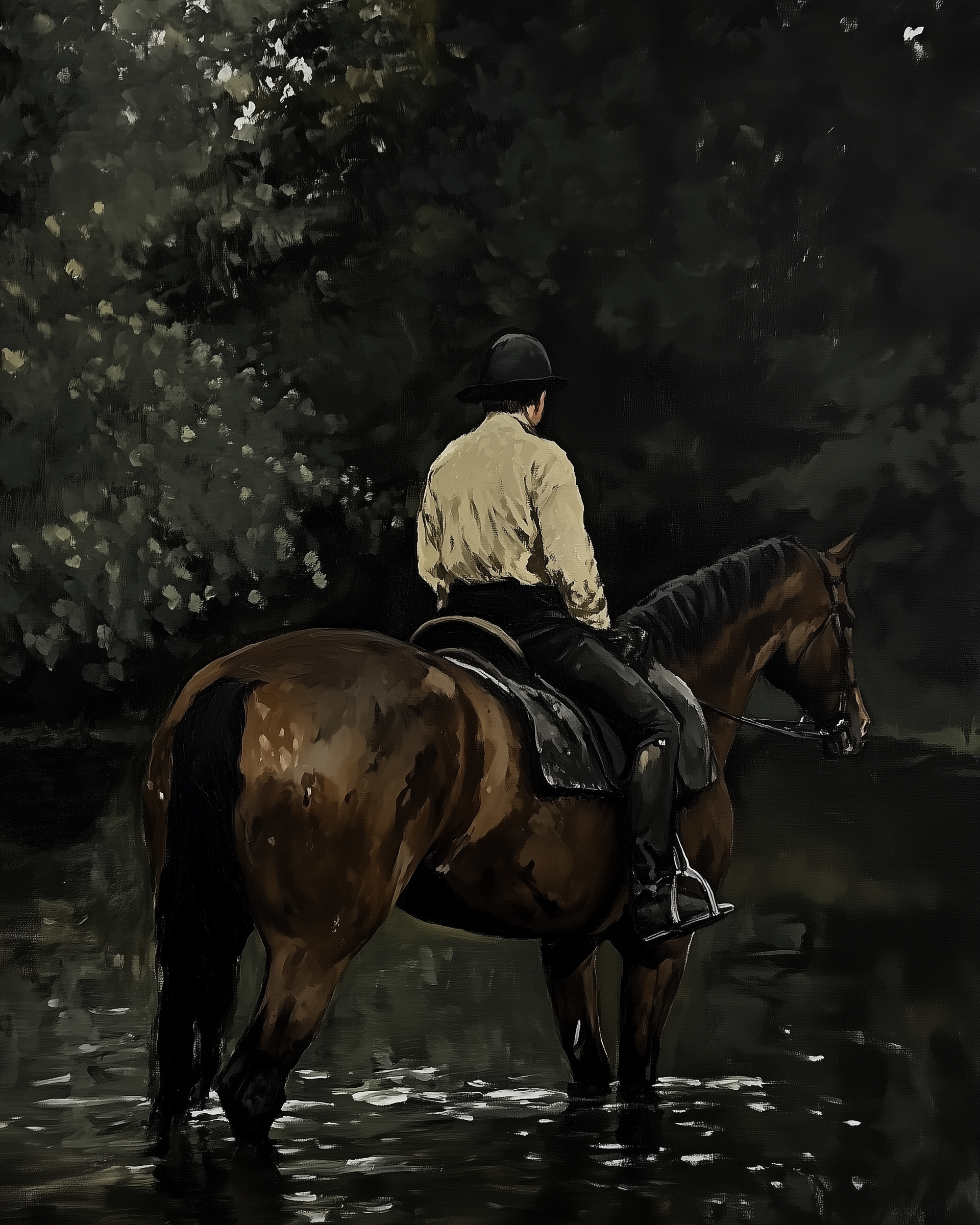 Equestrian rider on a dark brown horse standing in a shallow stream with dense green trees in the background.

