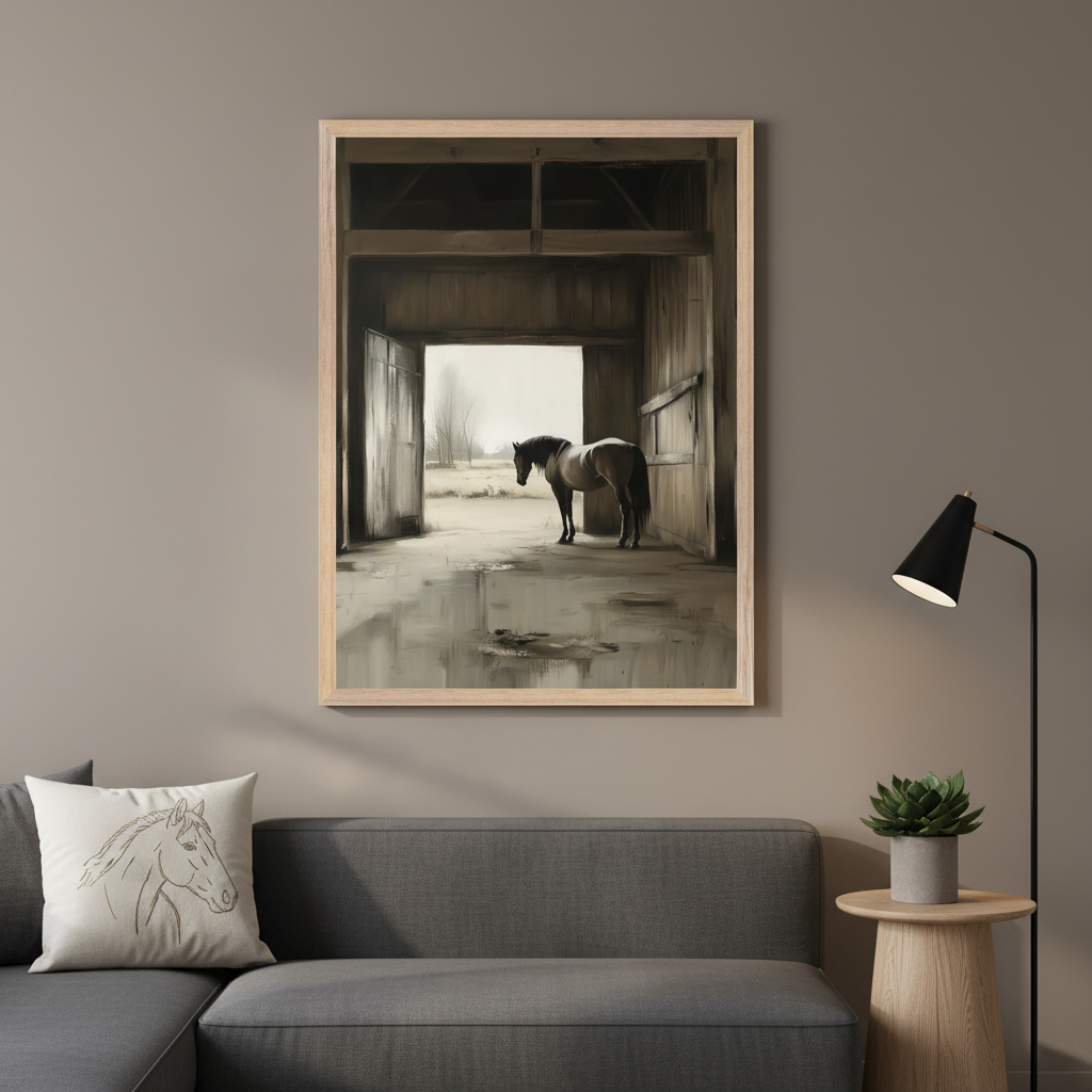 Modern living room with a grey sectional sofa. A large framed painting of a horse standing in a barn doorway looking out to a field hangs centered above the sofa. A floor lamp and a side table with a plant are to the right.