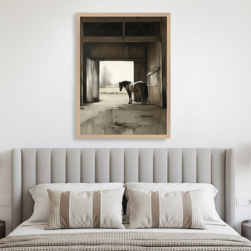 Modern bedroom with a gray upholstered bed. A large framed painting of a horse standing in a barn doorway, looking out, hangs centered above the bed. The art features a muted, painterly style.
