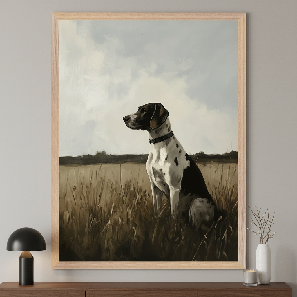 Modern room with a dark wooden credenza. A large light wood framed painting of a black and white dog sitting in a grassy field under a cloudy sky hangs centered above. A black lamp and white vase are on the credenza.