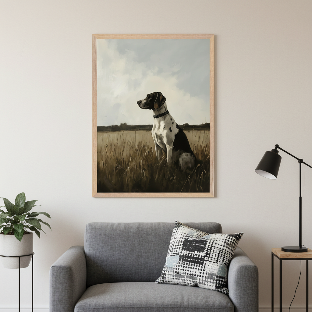 Modern living room with a grey sofa, side table, and plant stand. A large light wood framed realistic painting of a black and white dog in a golden field hangs above the right side of the sofa.