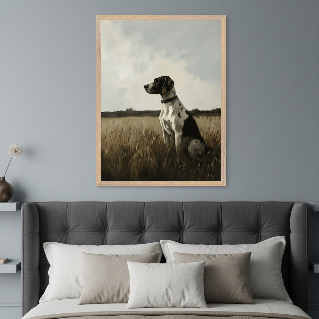 Modern bedroom with a dark gray tufted headboard. A large light wood-framed painterly artwork of a spotted dog sitting in a tall grass field under a cloudy sky hangs centered above the bed.