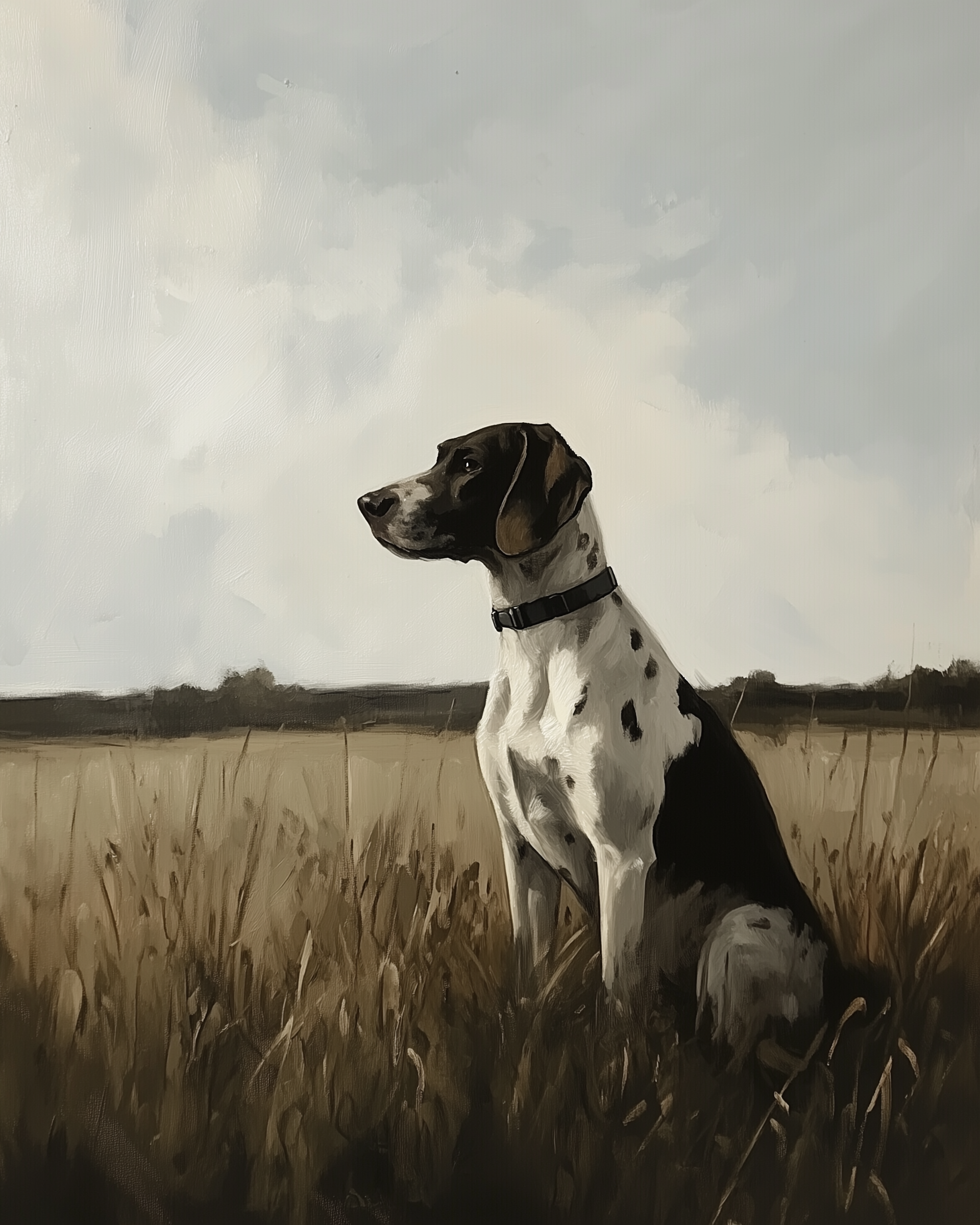 A black and white dog with a spotted coat sits calmly in a tall golden field under a soft sky. The painting captures a peaceful countryside moment with gentle tones and natural textures.
