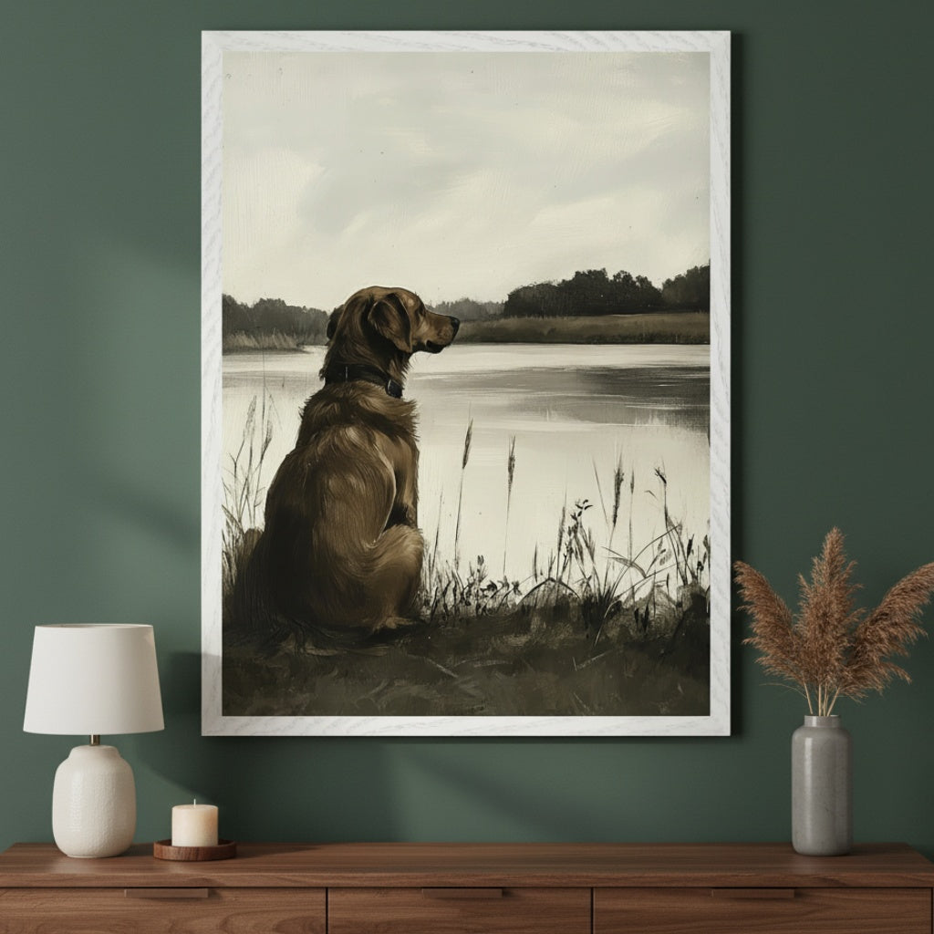 Modern room with a dark green wall and a wooden console table. A large, white-framed painting of a brown retriever dog sitting by a lake in a painterly, muted style hangs centered above the table. A lamp, candle, and vase are on the table.