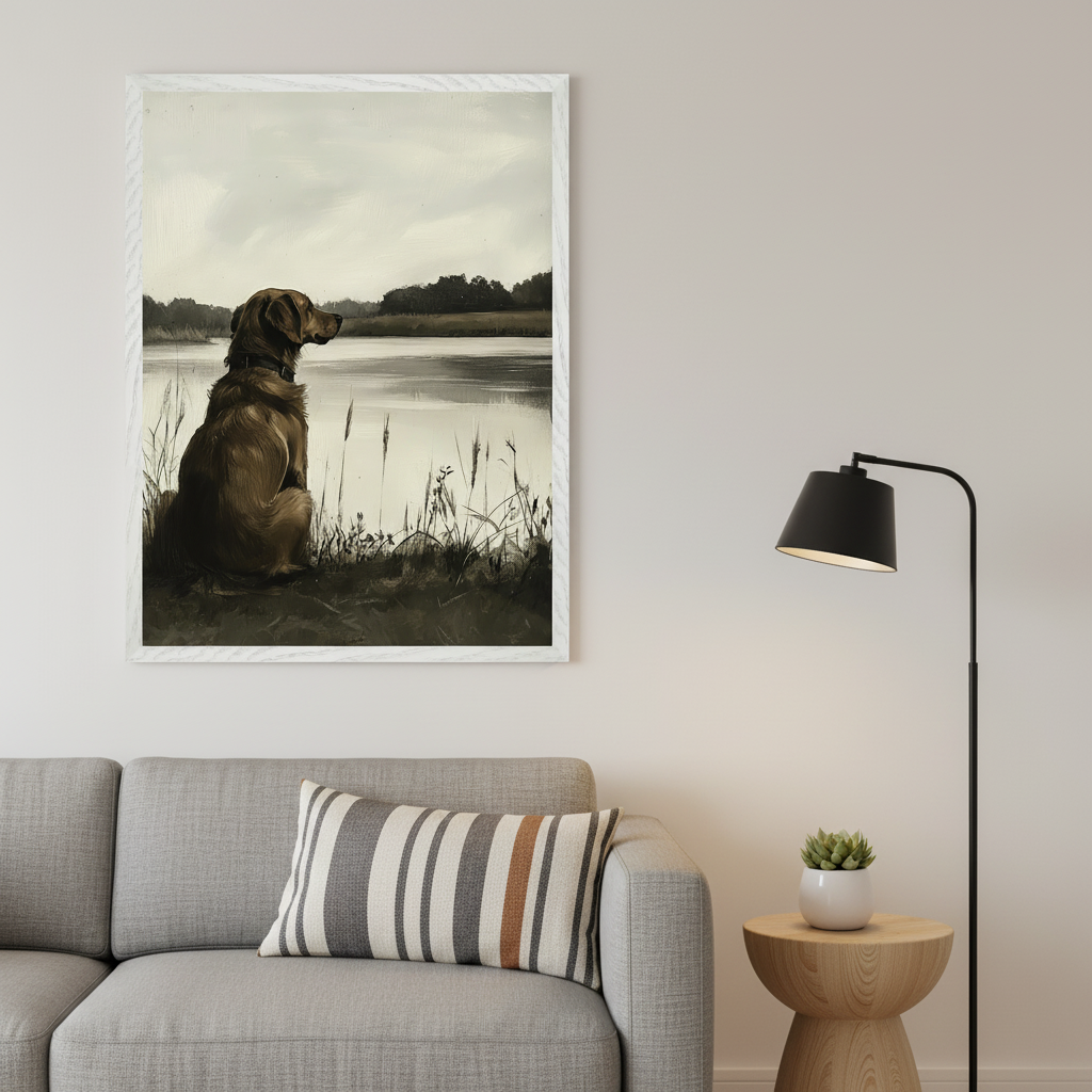 Living room with a gray sofa and a striped throw pillow. A vertical framed painting of a brown dog sitting by a lake with reeds, under an overcast sky, hangs above the sofa. A black floor lamp and a wooden side table with a succulent are to the right.