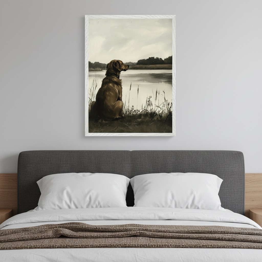 Modern bedroom with a bed and dark gray upholstered headboard. A framed painting of a brown dog sitting by a lake with a grey sky, in an earthy, muted palette, hangs centered above the bed.