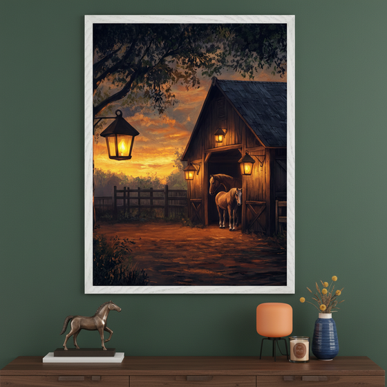 Modern living room with a dark wood console table. A large, white-framed painting hangs centered above the table, depicting a rustic barn with two horses under lit lanterns at sunset, with an orange sky, in a realistic style.