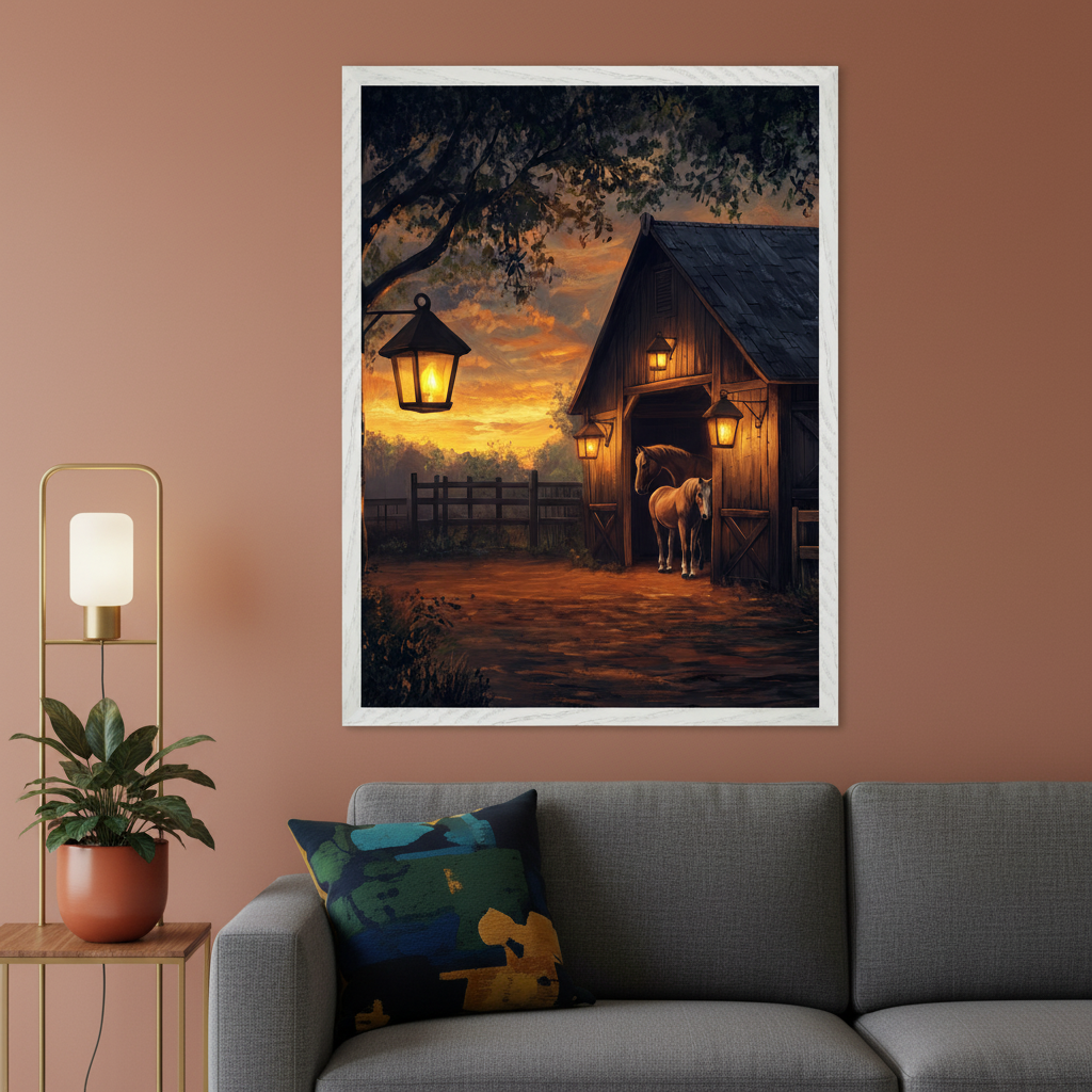 Modern living room with a gray sectional sofa and a gold floor lamp. A large framed painting of a barn at sunset with horses and lanterns hangs centered above the sofa.