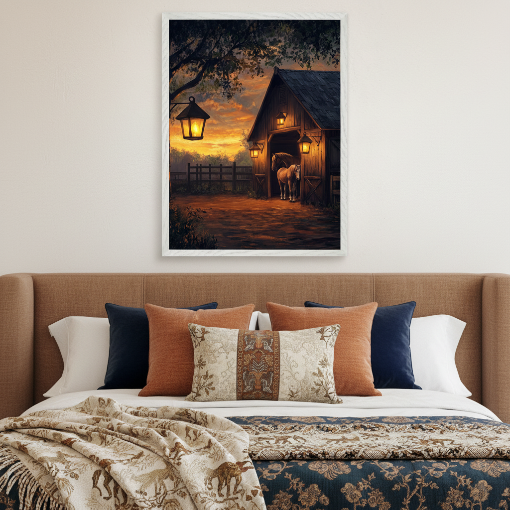 Bedroom with a brown upholstered bed. A large framed painting of a barn with a horse at sunset, featuring glowing lanterns, hangs on the white wall above the bed.
