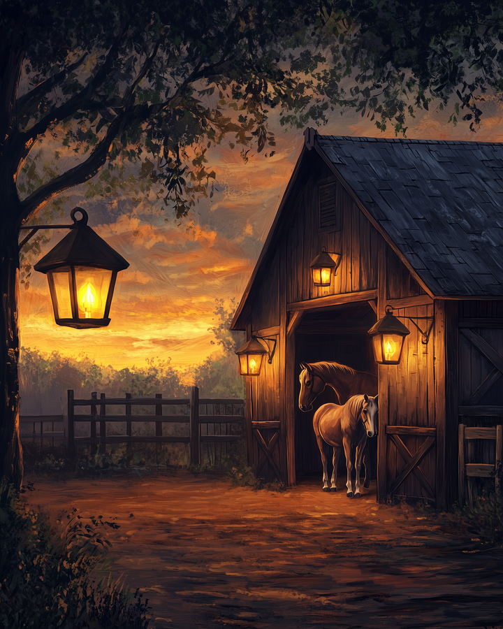 Two horses stand at the entrance of a warmly lit wooden barn as the sun sets behind them. Glowing lanterns and a peaceful country setting create a magical and inviting farm atmosphere.
