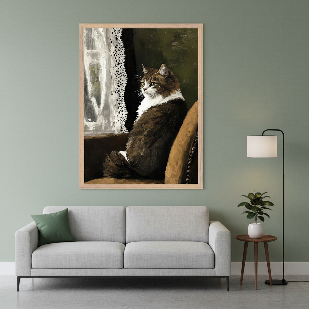 Modern living room with a light gray two-seater sofa, a dark brown side table with a plant, and a black floor lamp. A large framed painting of a brown and white cat sitting on a chair looking out a window with lace curtains hangs centered on the green wall above the sofa.