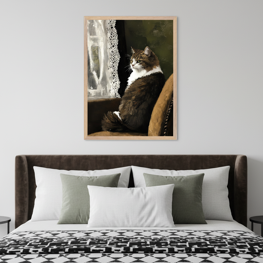 Bedroom with a dark brown upholstered bed, white and sage green pillows, and a black and white patterned blanket. A framed painting of a brown and white cat sitting on a chair looking out a window hangs centered above the bed.