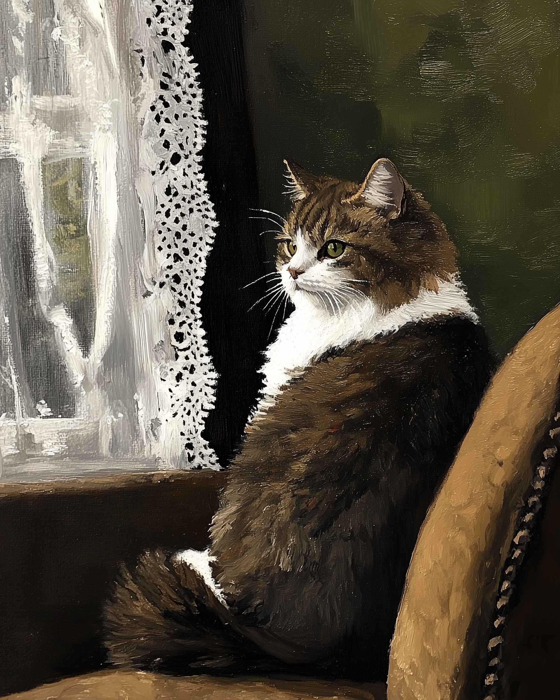 A fluffy tabby and white cat sits on a cozy chair by a lace-draped window, gazing outside. The soft brushstrokes and warm tones make it a charming moment for cat lovers and homey decor enthusiasts.

