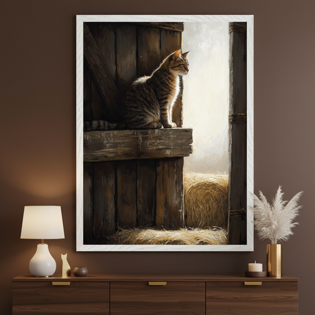 Modern room with dark brown walls and a dark wood dresser. A large white-framed painting of a tabby cat sitting on a wooden beam in a barn, looking towards a bright opening, hangs above the dresser. Hay bales are visible below the cat in a painterly style.