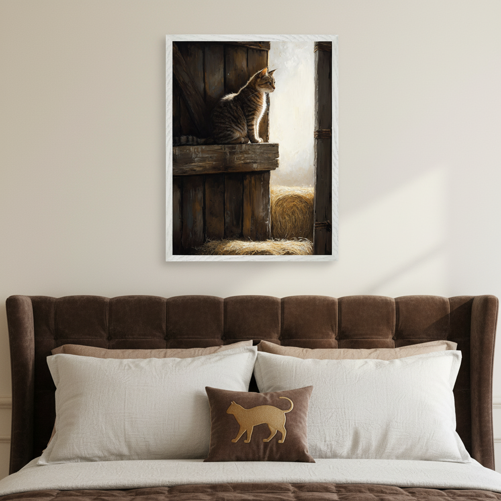 Bedroom with a brown tufted bed. A framed painting of a tabby cat sitting on a wooden ledge in a sunlit barn hangs centered above the bed. The bed has pillows, including one with a gold cat silhouette.