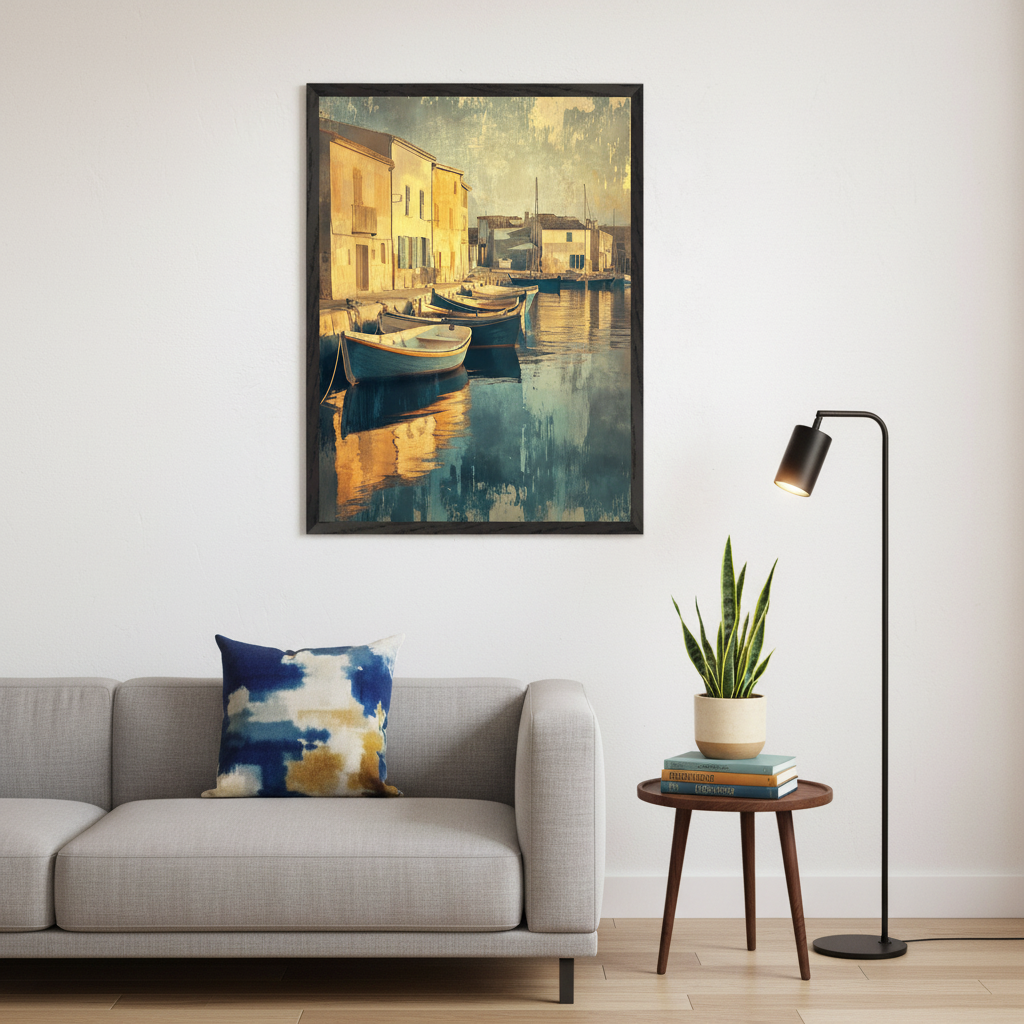 Modern living room with a light gray sofa. A large framed impressionistic painting of a canal scene with boats and buildings reflected in water hangs above the left side of the sofa.