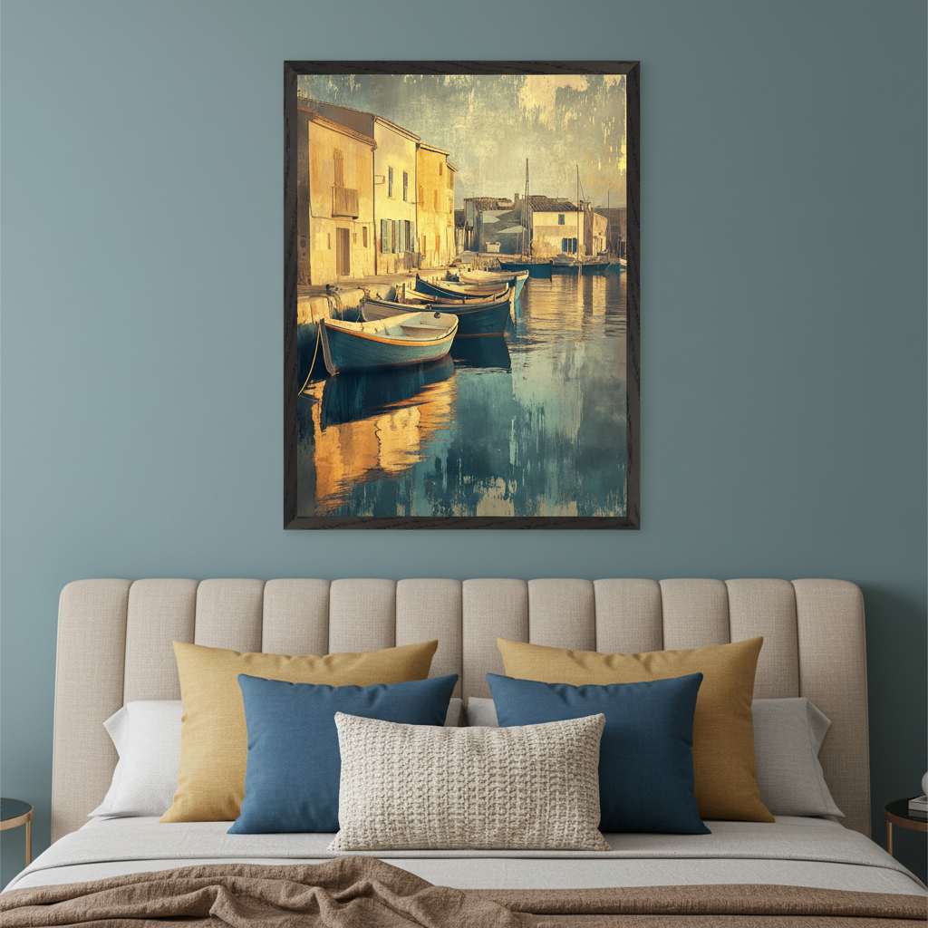 Bedroom with a beige upholstered bed and headboard. A framed painting hangs centered above the bed, depicting yellow buildings and small boats reflecting in water at a sunny harbor, in a textured, painterly style.