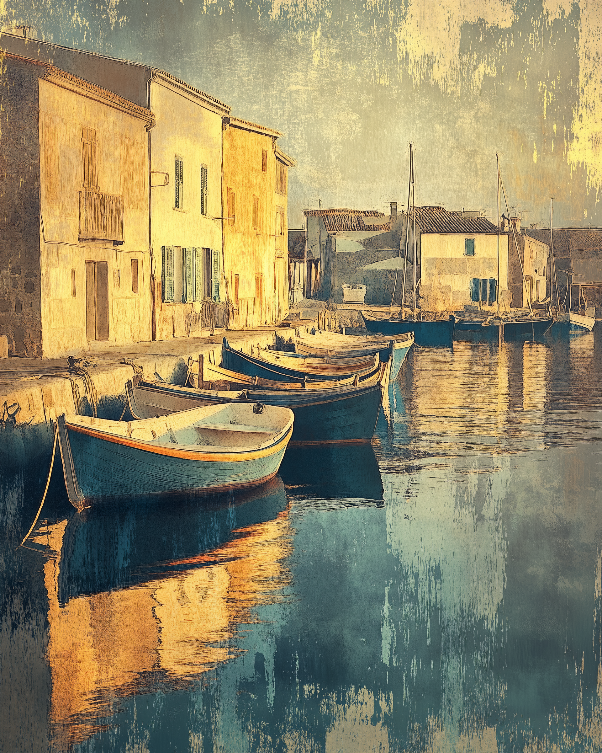Small wooden boats float peacefully along a quiet harbor lined with sunlit stone buildings. The soft painterly texture and warm tones evoke a vintage coastal charm for both young and adult viewers.
