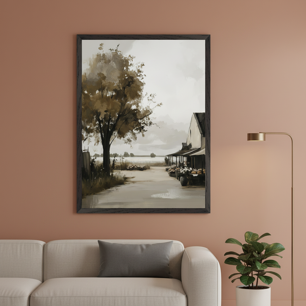 Modern living room with a light beige sofa and gray pillow. A large framed painting hangs above the sofa, depicting a rustic country scene with a prominent tree on the left, a path, and buildings with merchandise on the right, all in muted, earthy tones. A brass floor lamp and a potted plant are on the right.
