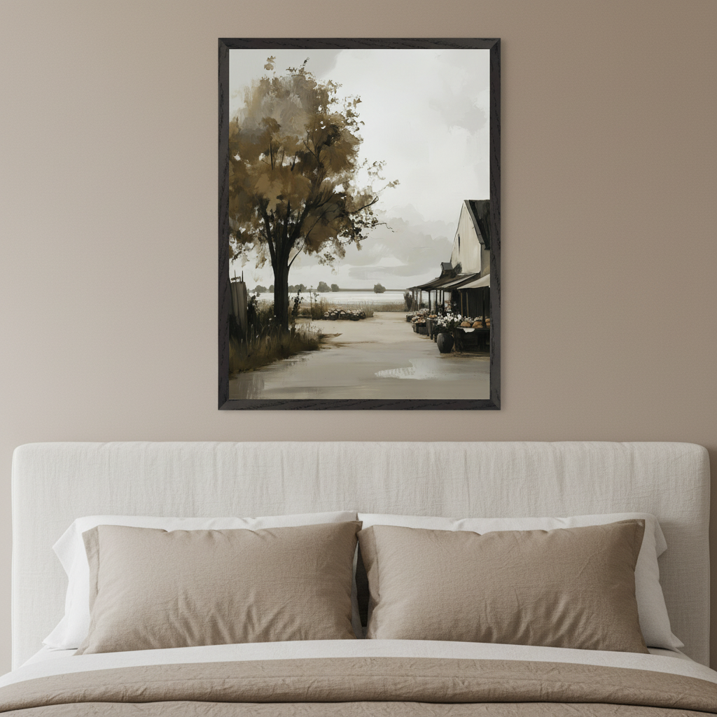 Bedroom with an off-white upholstered bed and beige pillows. A large framed painting hangs centered above the bed, featuring a landscape with a prominent tree, a path, and a building in muted brown and grey tones. The artwork has a painterly style.