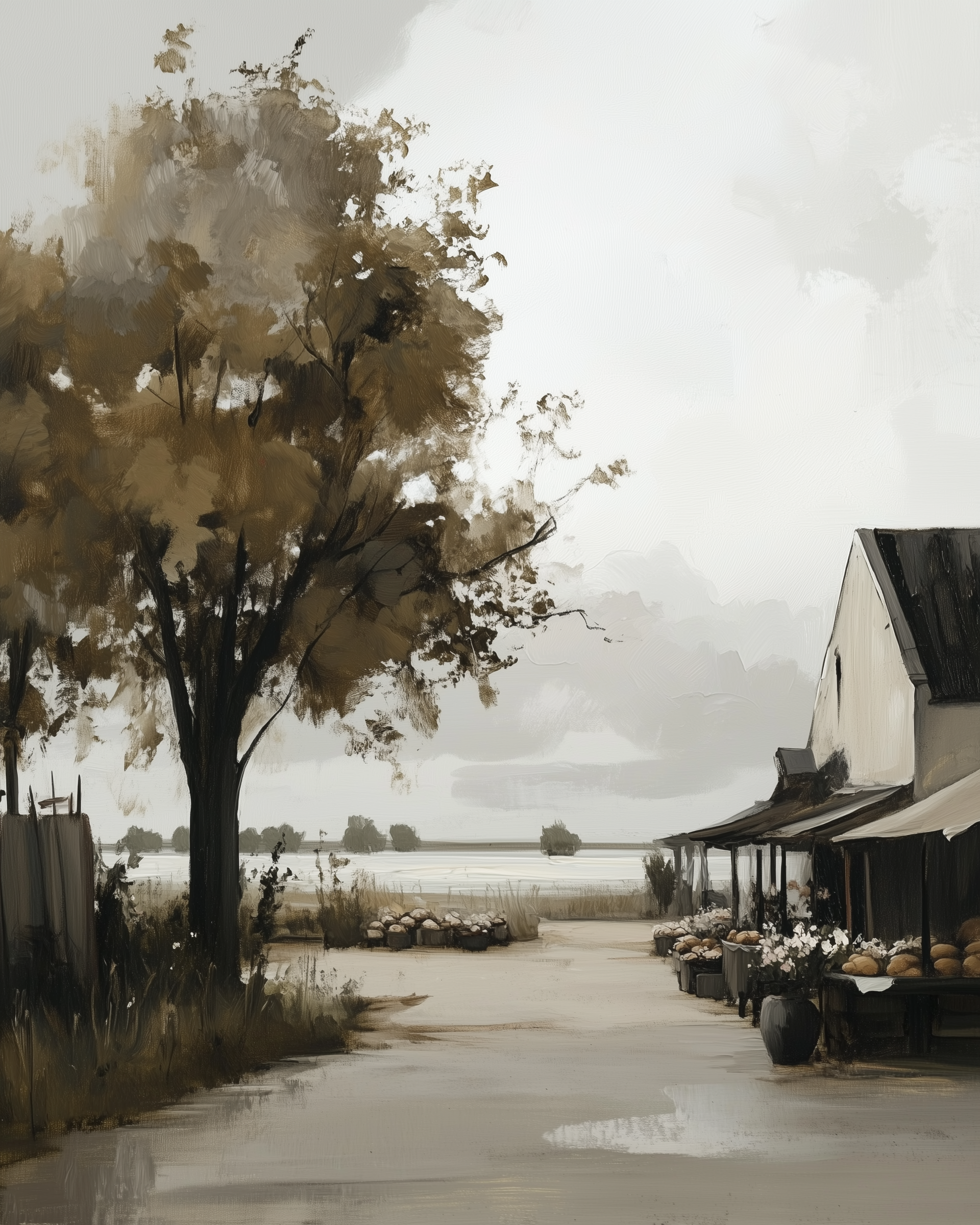 A peaceful country scene showing a roadside farm stand with baskets of produce under a tree-lined sky. The painting evokes a quiet, rural charm perfect for farm-to-table or harvest-themed content.
