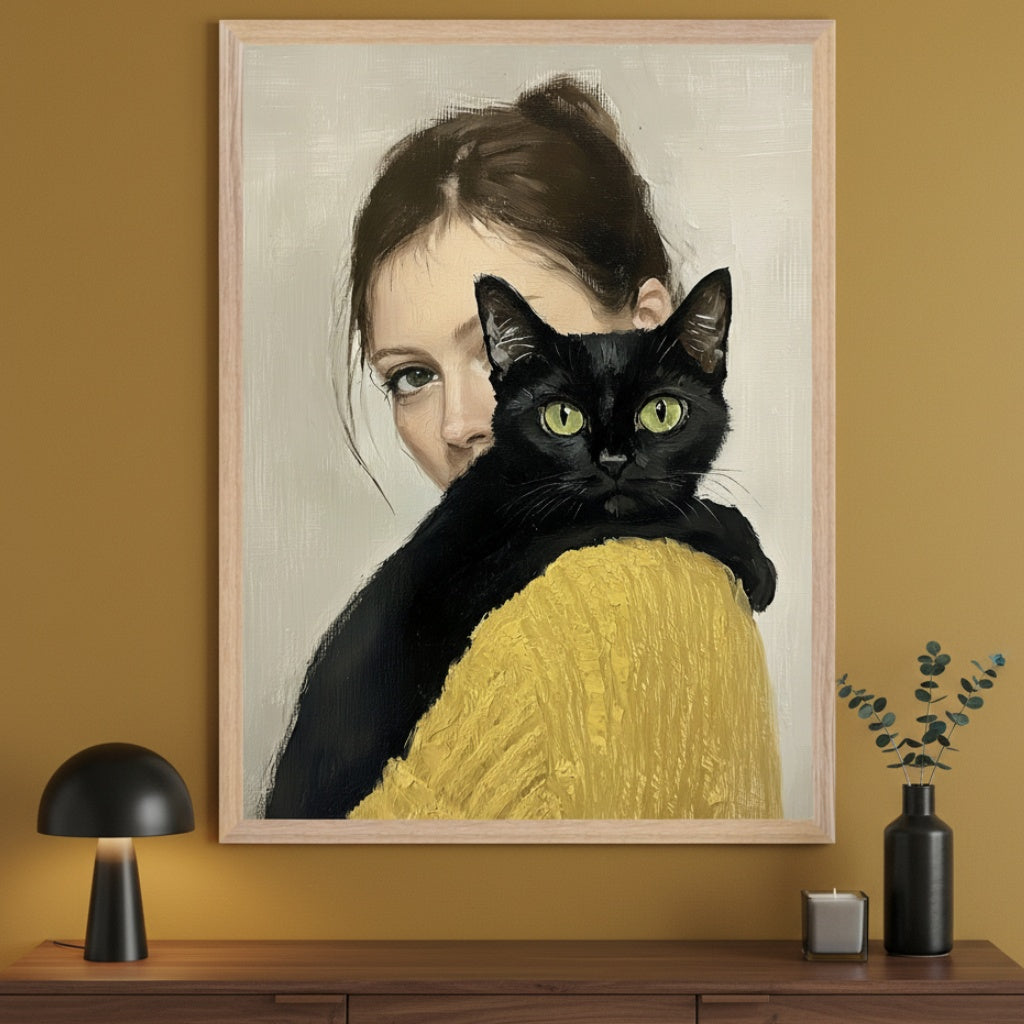 Modern room with a dark wooden console table. A large framed painting hangs above, showing a woman in a yellow sweater with a black cat on her shoulder. The cat has green eyes.