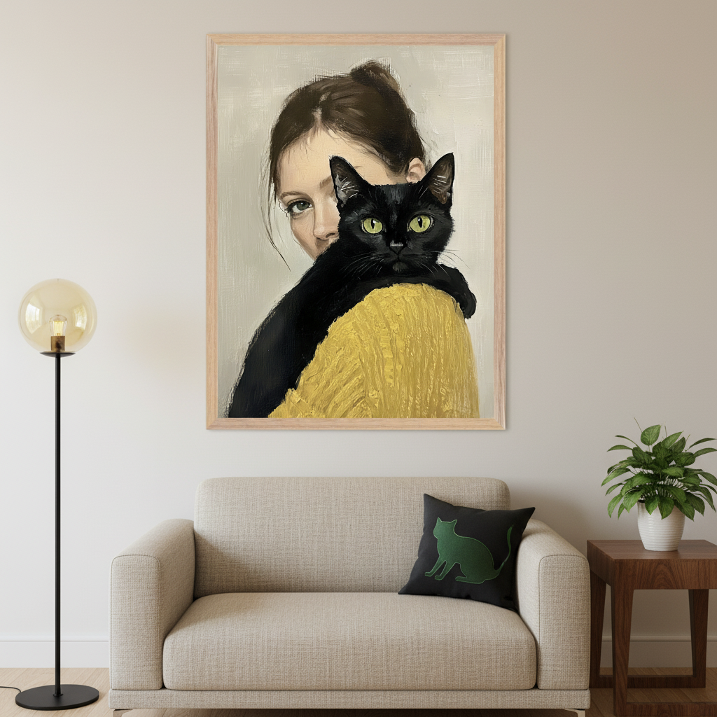 Modern living room with a light beige sofa. A large framed painting hangs above the sofa, depicting a woman with dark hair holding a black cat with green eyes, wearing a yellow sweater. A black floor lamp is on the left, and a wooden side table with a plant is on the right.
