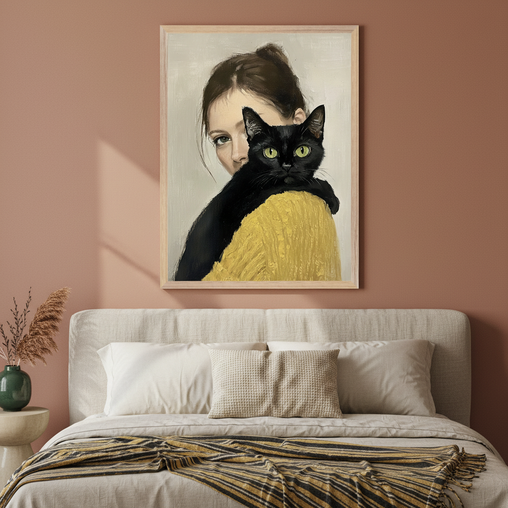 Modern bedroom with a light fabric bed and a side table with a green vase. Above the bed, on a terracotta wall, hangs a large framed painting depicting a dark-haired woman behind a black cat with green eyes. The cat is front-facing, and the woman wears a yellow sweater.