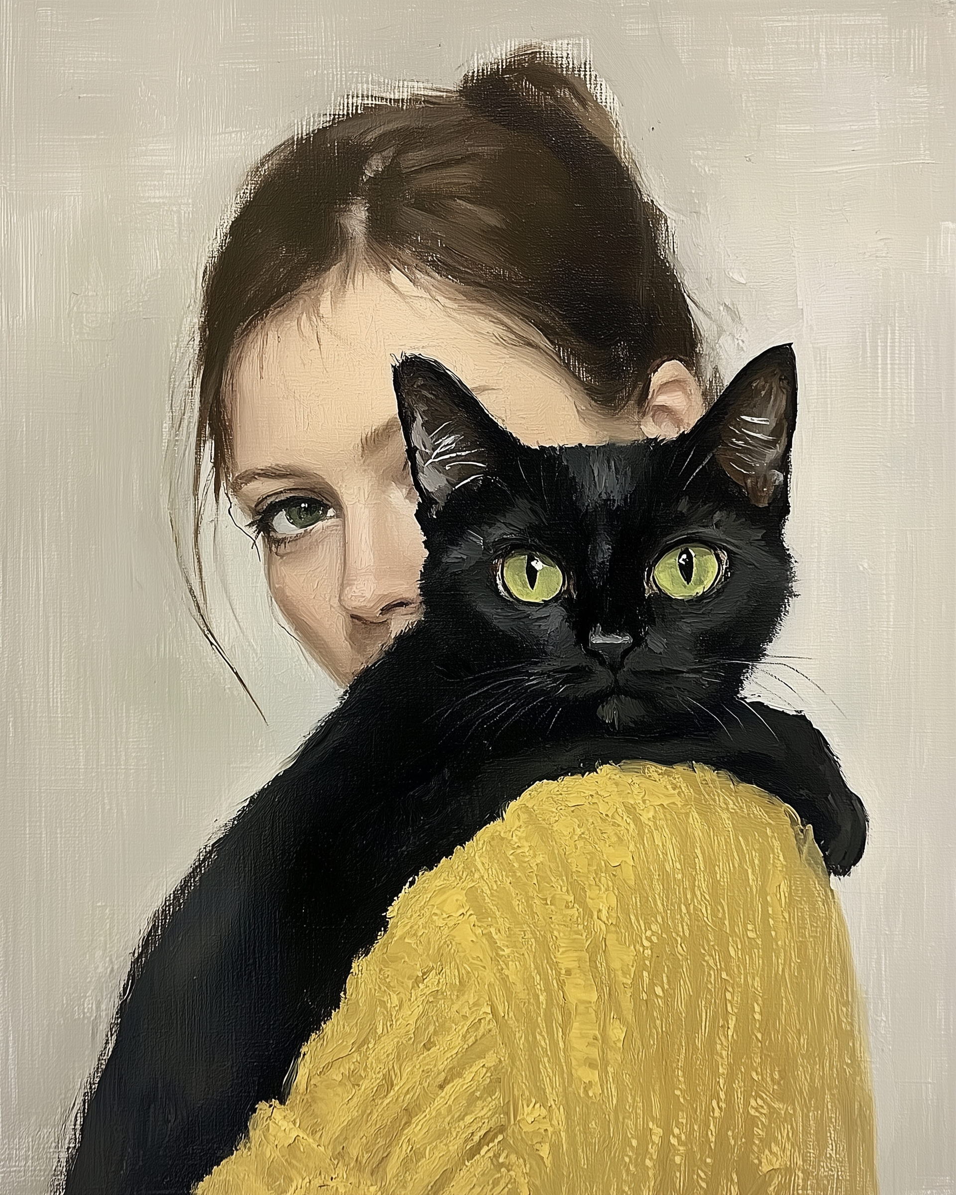 A young woman with soft brown hair gazes out while a sleek black cat rests on her shoulder. The cat’s wide green eyes and her yellow sweater add warmth and personality to this intimate portrait.