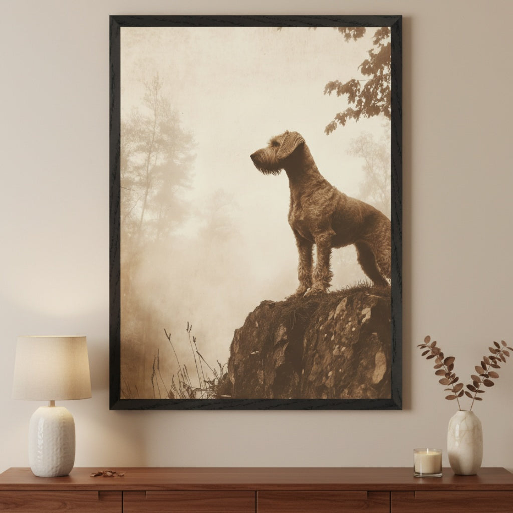 Neutral living room with a wooden dresser. A large framed sepia-toned photograph of a scruffy dog standing on a rocky outcrop in a misty forest hangs centered above the dresser. A white lamp and a vase with dry branches are on the dresser.