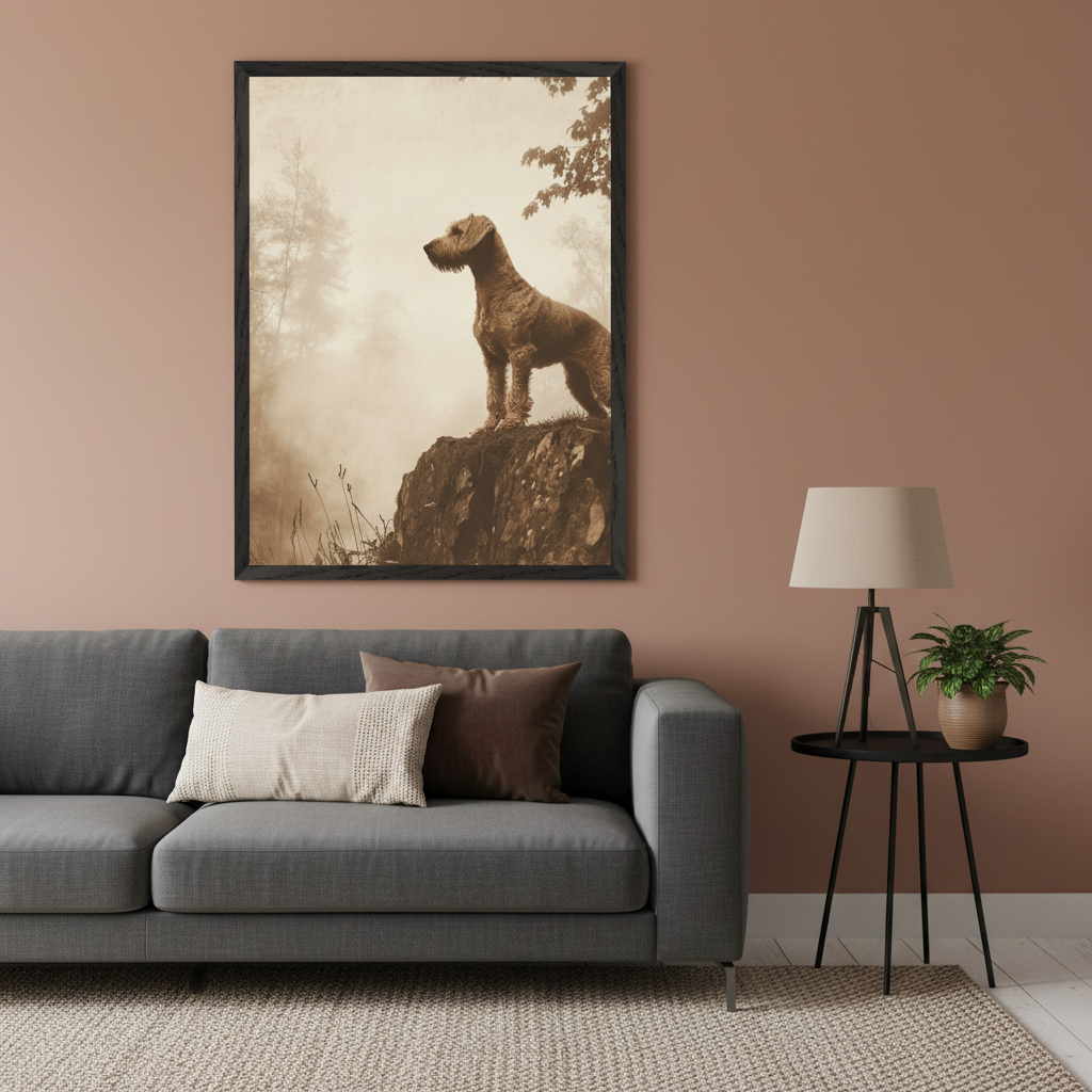 Living room with a gray sofa. A large framed sepia-toned print of a dog standing on a rock in a misty forest hangs above the sofa. A black side table with a lamp and plant is to the right.