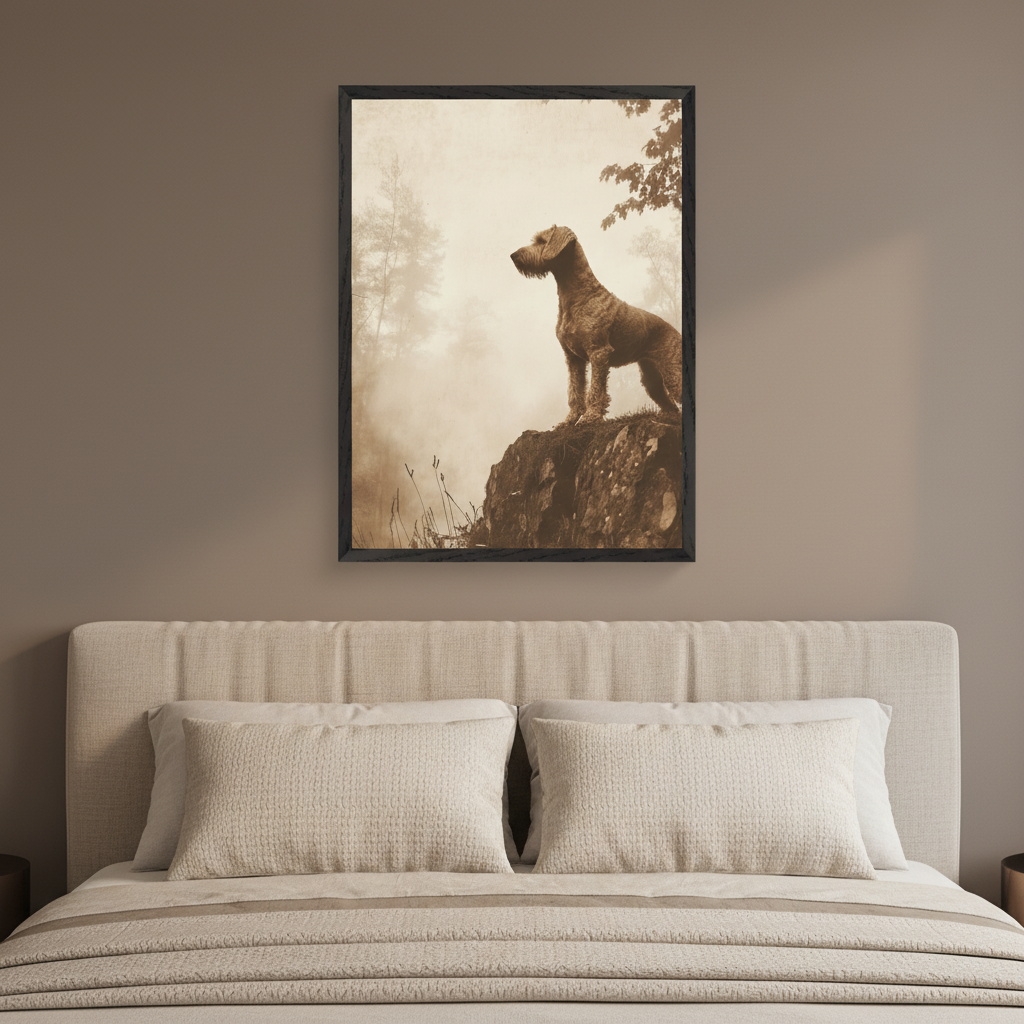 A framed sepia-toned print of a wire-haired dog on a rock in a misty forest hangs centered above a beige upholstered bed in a modern bedroom with neutral bedding.