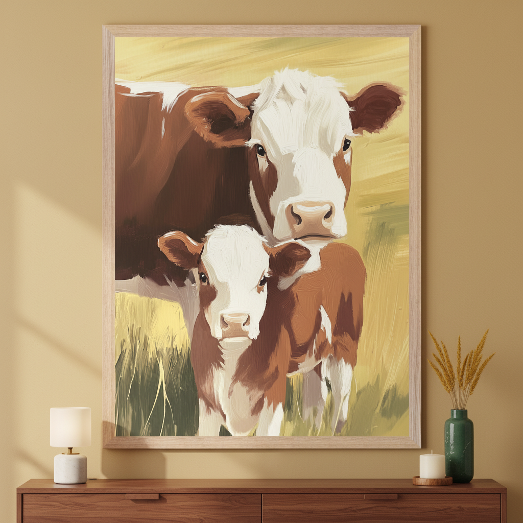 Modern room with a dark wood dresser. A large framed painting of a brown and white mother cow and calf in a brushstroke style hangs centered above the dresser.