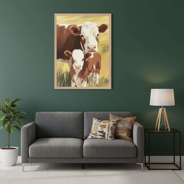 Modern living room with a dark green wall. A gray sofa sits below a large, light wood framed painting of a brown and white mother cow and calf in a field. A potted plant is to the left of the sofa, and a lamp on a black side table to the right.