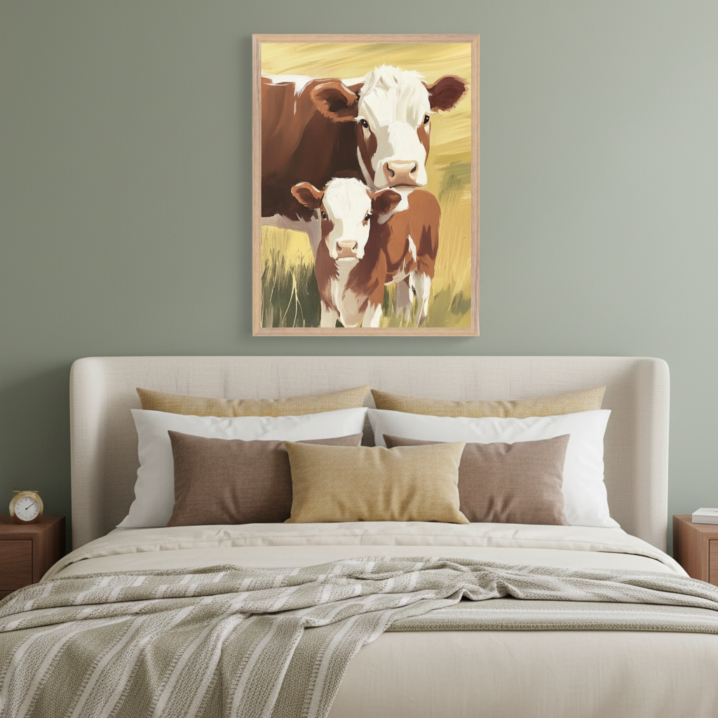 Modern bedroom with a cream upholstered bed and neutral bedding. A framed painting of a brown and white cow with its calf in a field hangs centered above the bed.