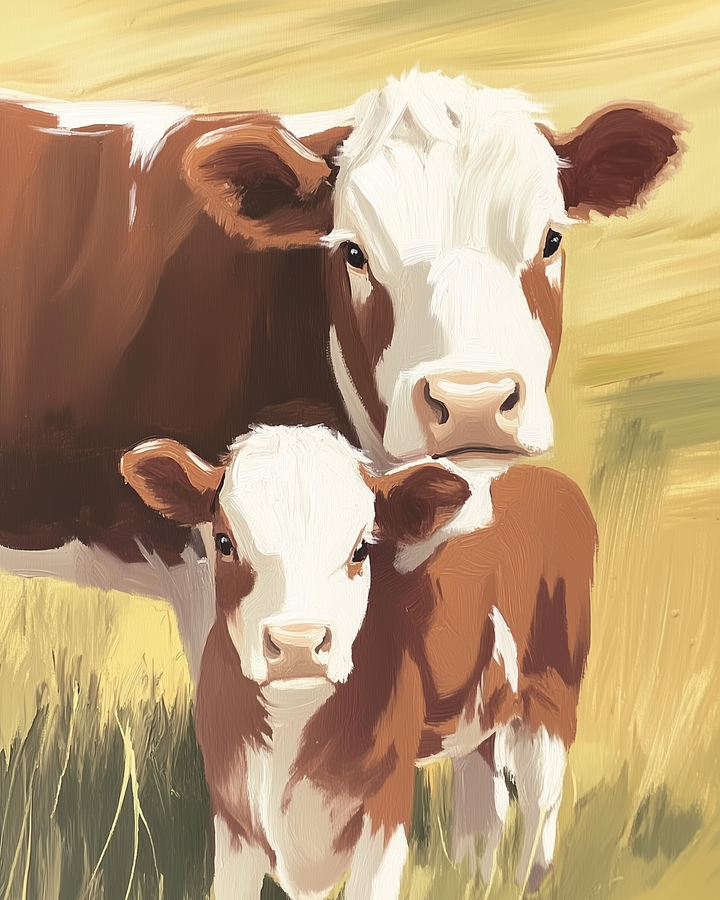 A mother cow and her calf stand close together in a bright grassy field, both looking gently forward. The soft brushwork and warm tones highlight the bond between the animals.
