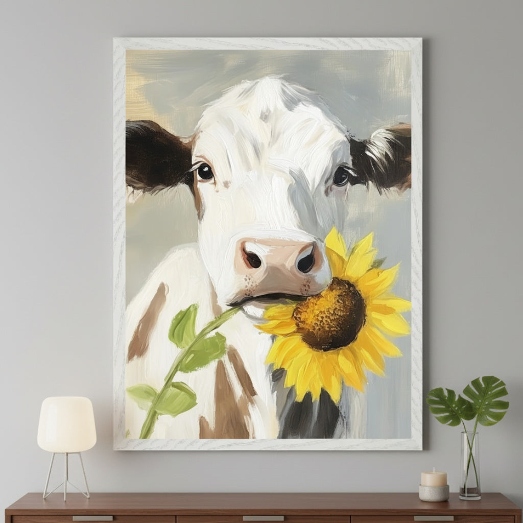 Modern living room with a dark wood dresser. A large framed painting of a white cow with brown patches holding a yellow sunflower in a brushstroke style hangs centered above the dresser. A white lamp and a green plant in a vase are on the dresser.