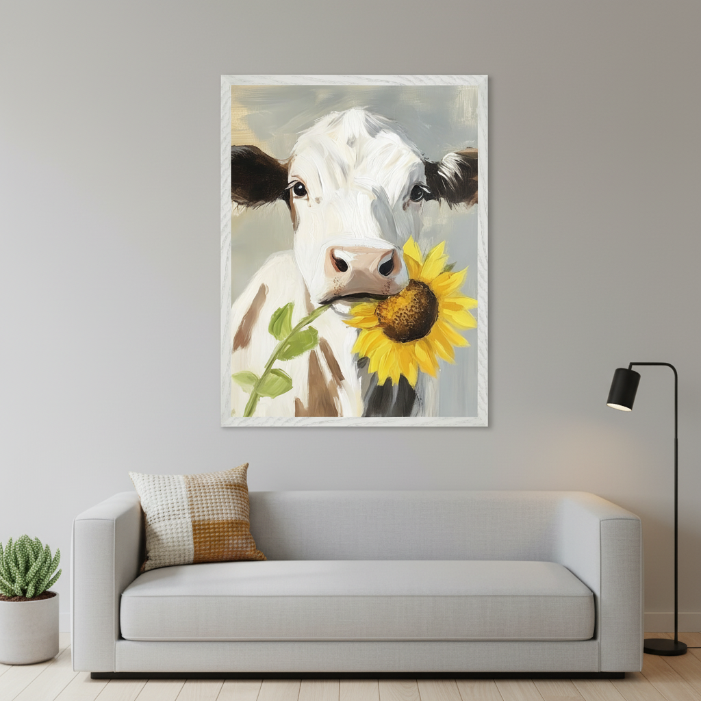 Modern living room with a light gray sofa. A large framed painting of a white cow holding a yellow sunflower in its mouth hangs above the sofa.