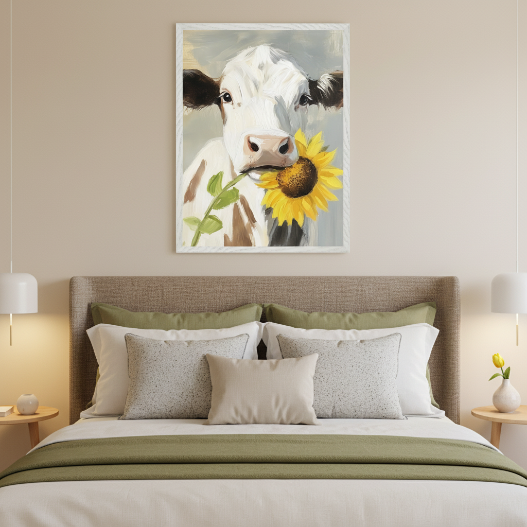 Modern bedroom with a bed featuring a brown headboard and green and white bedding. Centered above the bed hangs a framed painting of a white cow holding a yellow sunflower in its mouth.