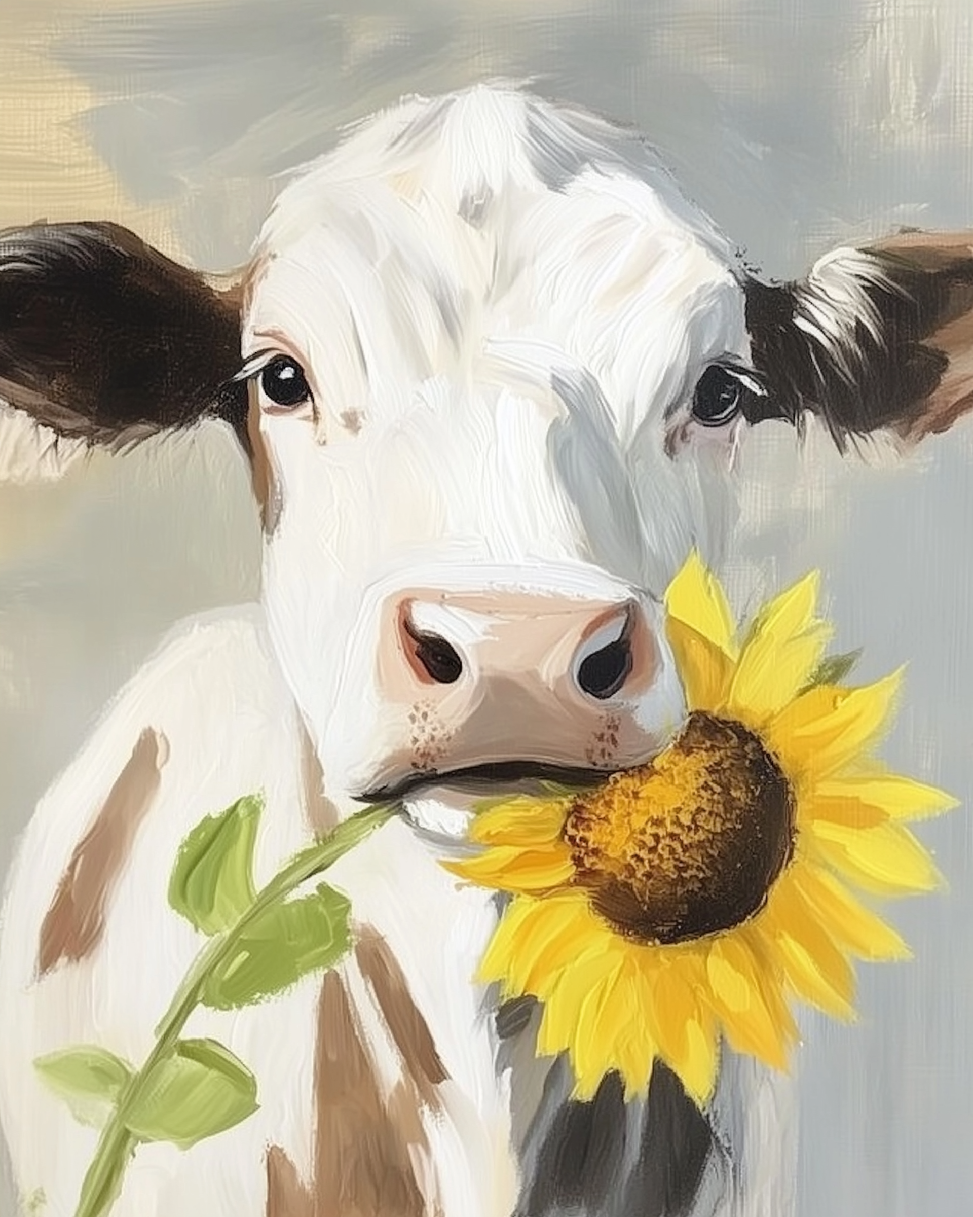 A sweet white and brown cow holds a bright yellow sunflower in its mouth against a soft background. The cheerful expression and vivid color give the painting a playful, uplifting vibe.
