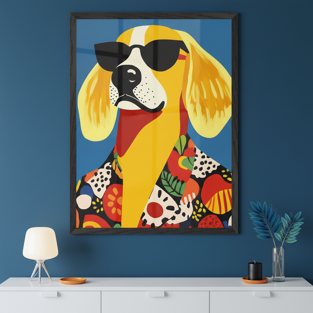 Modern room with a dark blue wall and a white console table. A large framed graphic art print of a yellow dog wearing sunglasses and a colorful, patterned shirt on a blue background hangs centered above the console table.
